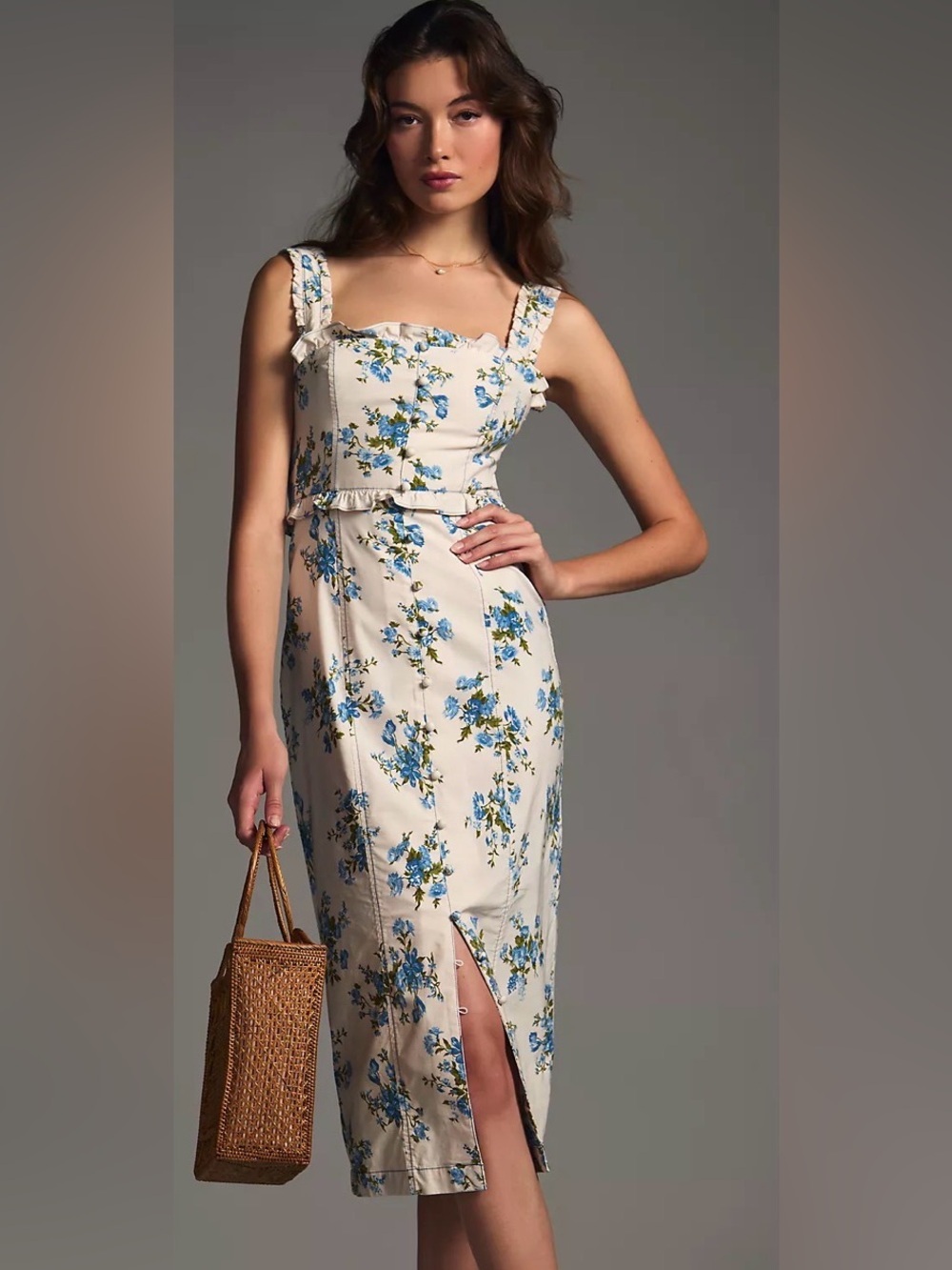 By Anthropologie Slim Square-Neck Dainty Floral Ruffle Buttondown Dress